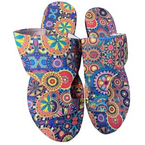 Bohemian Kaleidoscope Print Slide Sandals Multi Color Geometric Flat Shoes 40